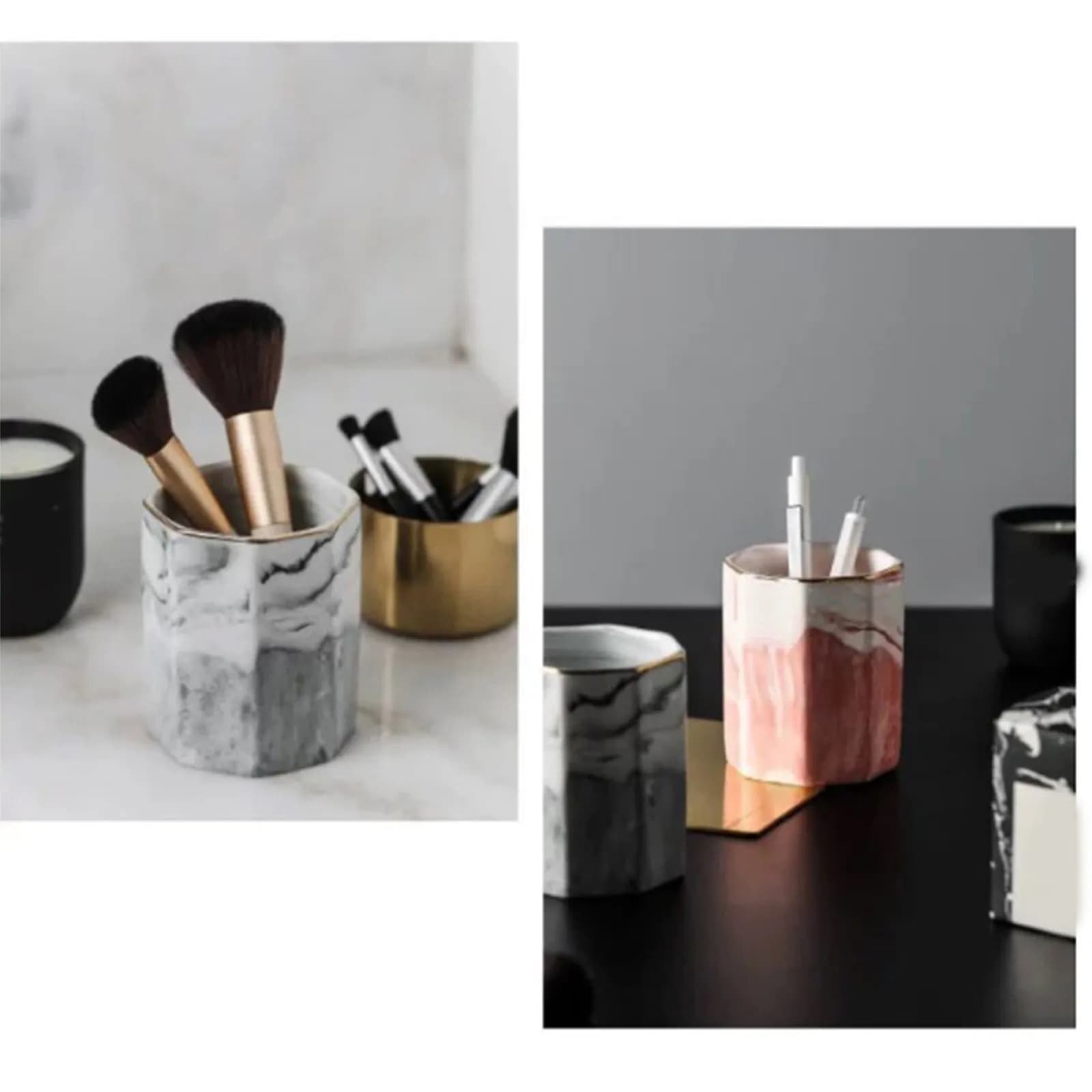 1Pcs Marble Pattern Ceramic Storage Cup Pink Gold Rim Nordic Style Brush Holder Makeup Organizer Pens Toothbrush