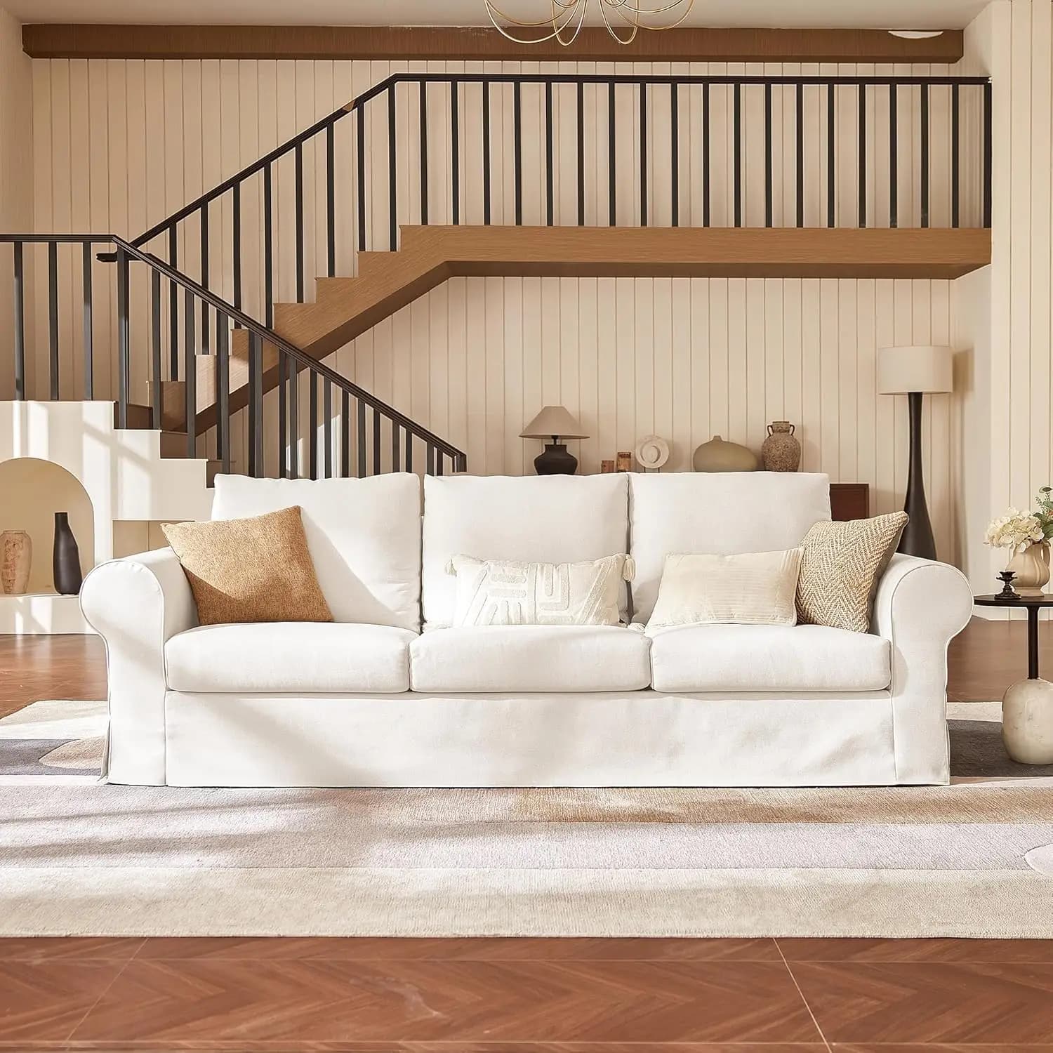 Divano a 3 Posti Rivestito da 89 Pollici con Braccioli Arrotondati, Schienale Alto, Rivestimento Rimovibile e Lavabile, per Appartamento e Soggiorno, Colore Crema, Personalizzabile