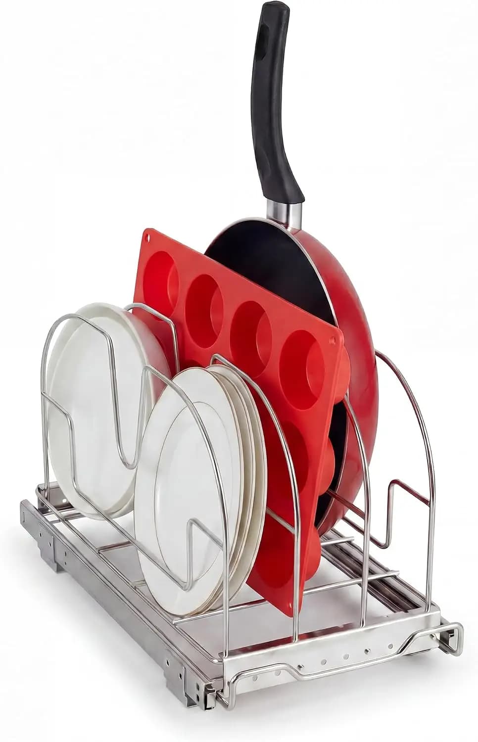 Pull Out Cabinet Organizer for Cutting Board Pot Lid Holders 4 Adjustable Dividers Smooth Sliding System Easy Installation Bakeware Sliding Storage Rack