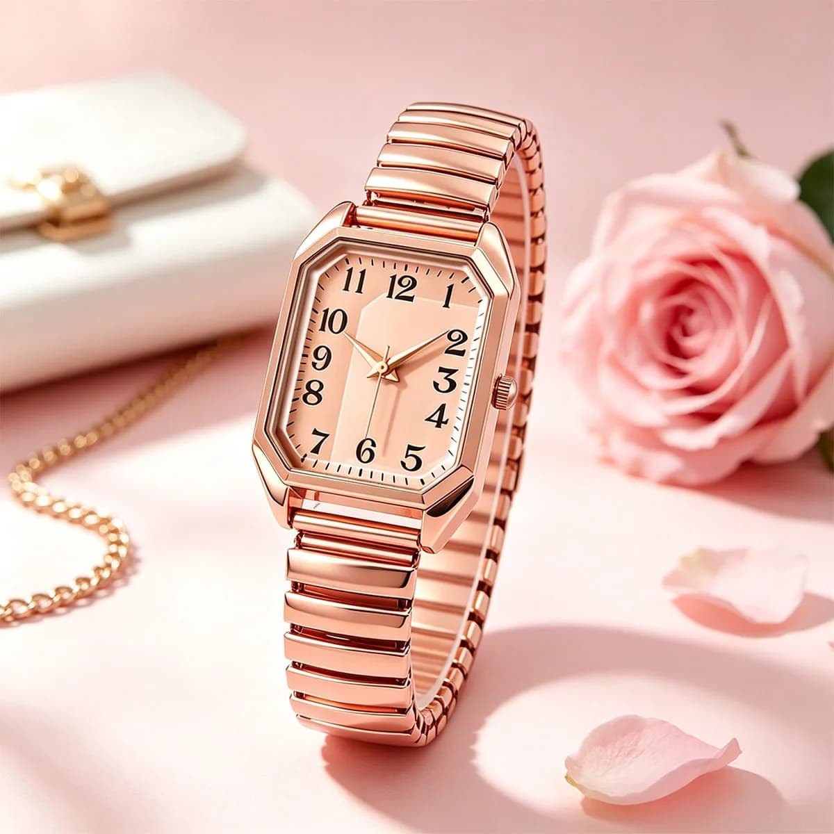 Women Octagonal Rectangle Quartz Watch Two Tone Stretch Metal Band Minimalist Ladies Analog Wrist Watches