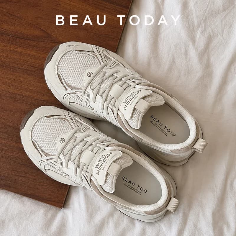BEAUTODAY Chunky Sneakers Women Split Leather Mixed Colors Lace-up Closure Trendy Ladies Casual Shoes Handmade 29A91