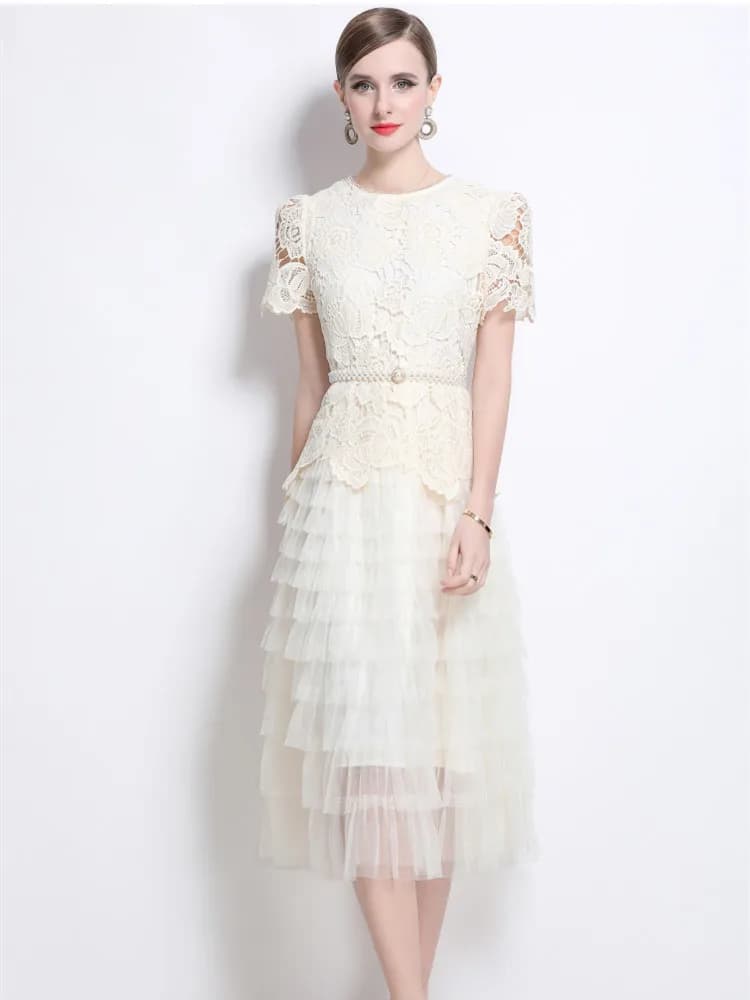 Solid Beige Mesh Splice Lace Formal Dresses Women's O-neck Hollow out Embroidery Ruffles Elegant Summer Dress With Pearl Belt