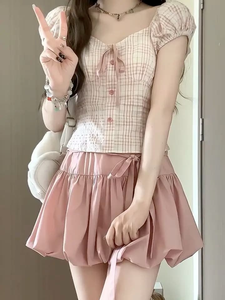 Estate coreana dolce Spice Girl gonna set camicia con fiocco con maniche a sbuffo + minigonna con fiocco legato in vita sottile set da 2 pezzi abiti Y2k da donna