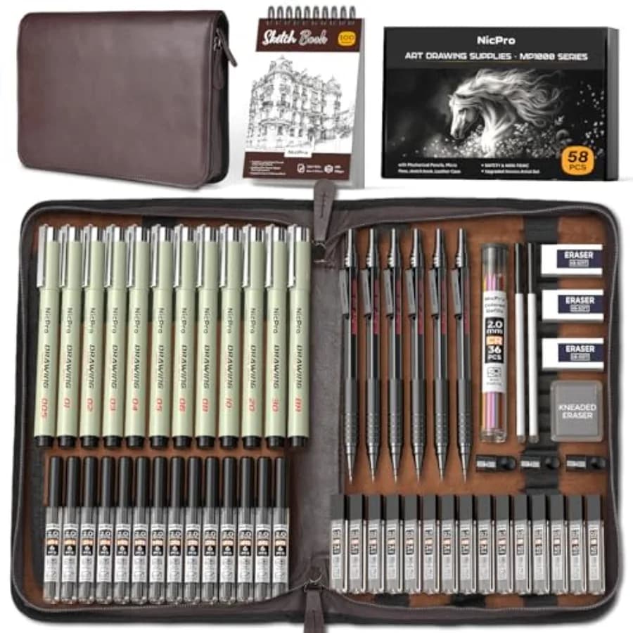 Kit di 58 Pezzi per Disegno Artistico in Custodia di Pelle, Set di Matite Meccaniche in Metallo Nero MP1000 con Matite da Disegno 0.5, 0.7, 0.9 e