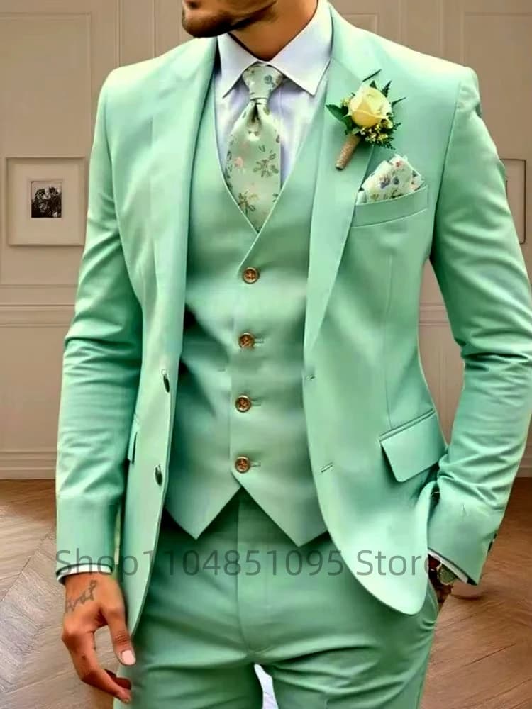 3 pezzi verde menta abiti slim fit da uomo smoking da festa di nozze d'affari blazer gilet pantaloni giacca con risvolto tacca abiti eleganti da uomo