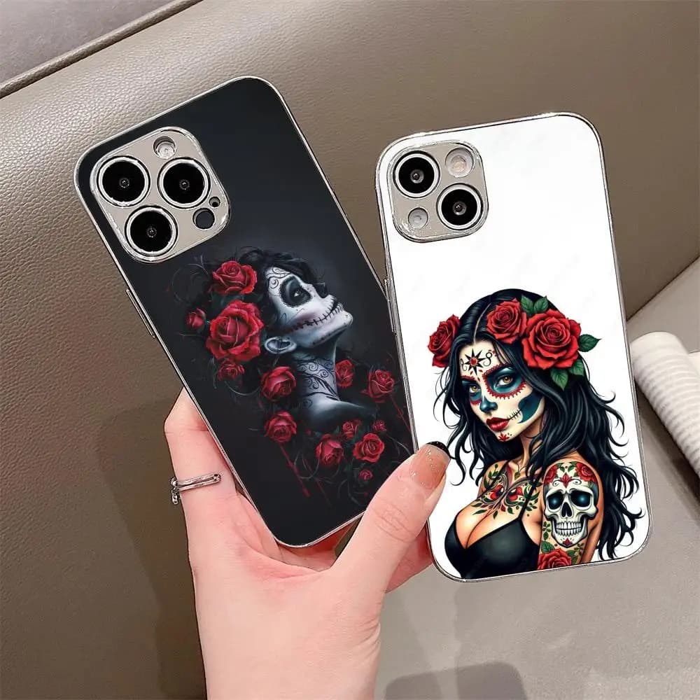 Bellissima Cover per iPhone con Teschio di Zucchero per Ragazze, per iPhone 17 16 15 14 13 12 Pro Max, Custodia Protettiva in Metallo Elettroplaccato