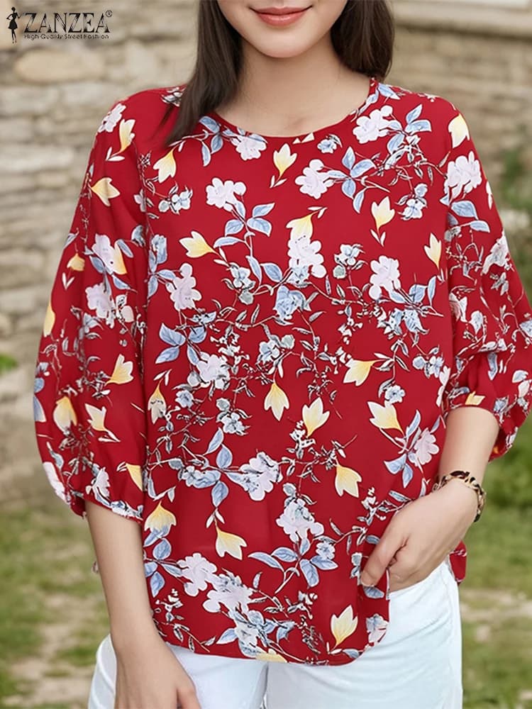 2025 ZANZEA Donna Autunno Camicette stampate floreali Camicia bohemain Elegante manica a lanterna 3/4 Top da lavoro Casual O Collo Blusas allentati