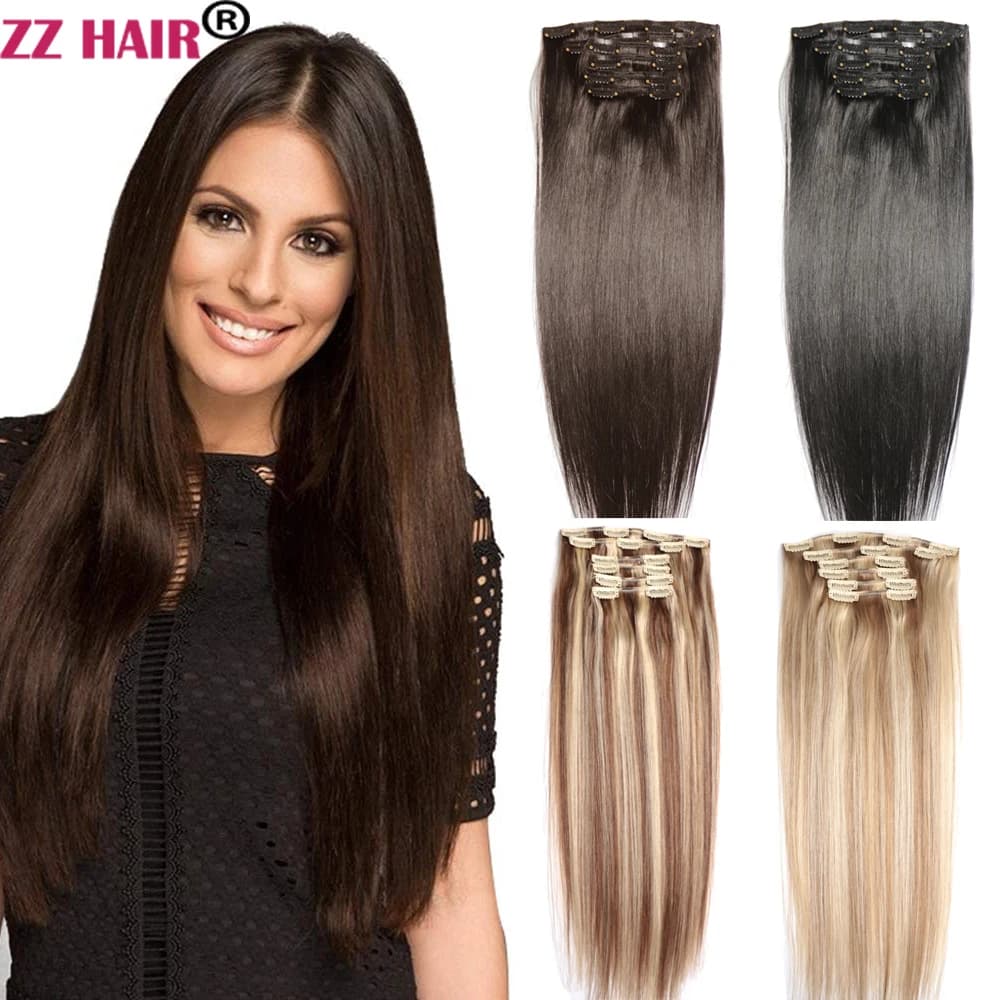 Clip ZZHAIR nelle estensioni dei capelli umani al 100% 16"-24" Capelli Remy fatti a macchina Set da 6 pezzi 100g-120g Testa piena dritta naturale