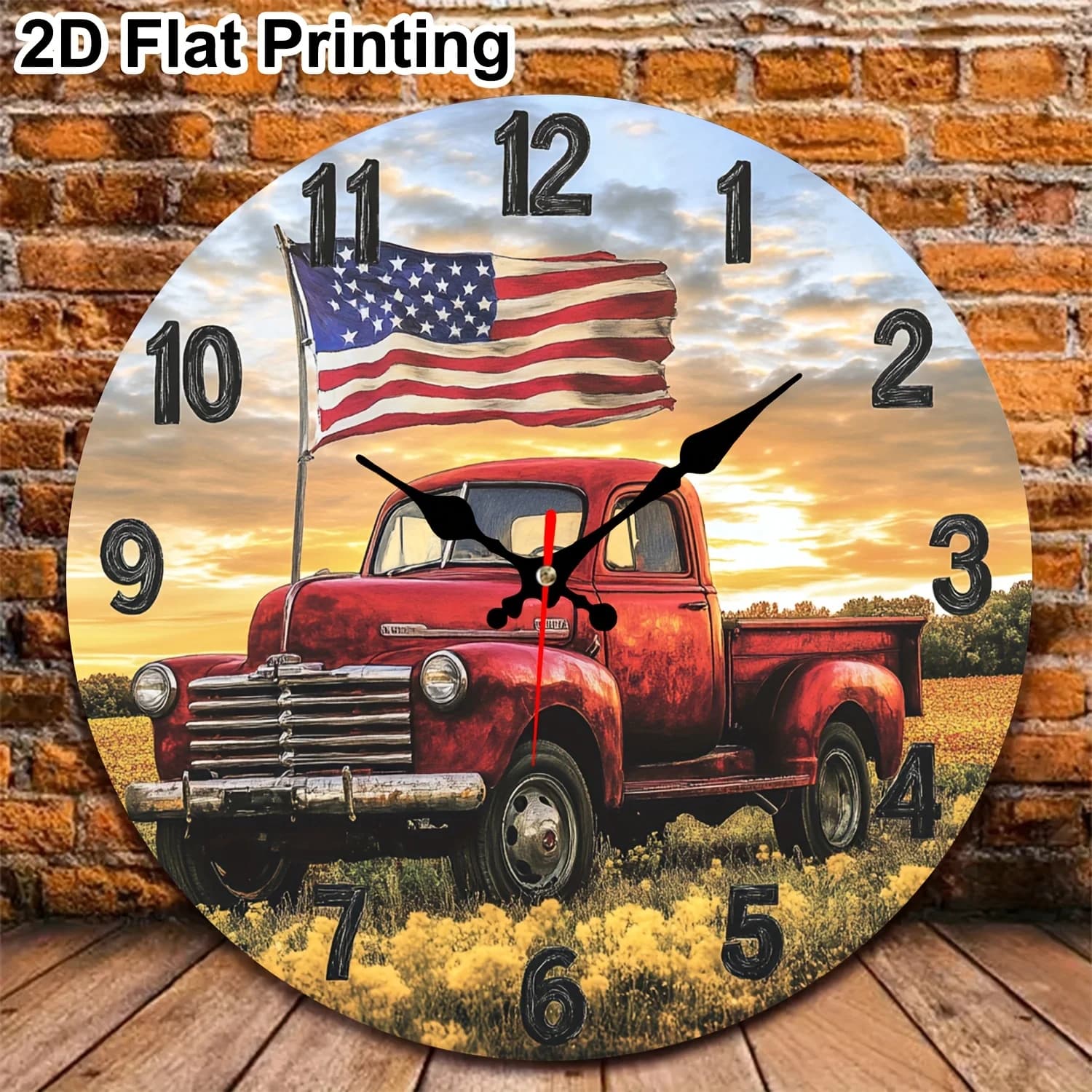 Round wall clock with 1-piece American flag and vintage red wall clock with digital display,