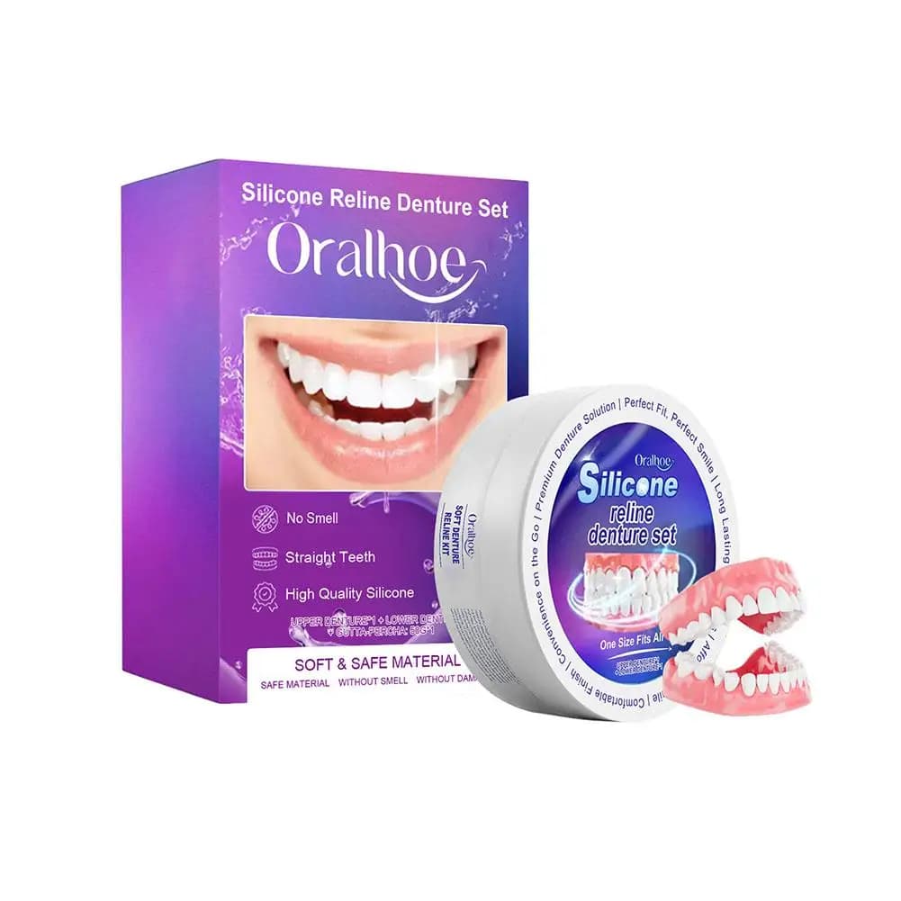 Set of temporary orthodontic dental prostheses in silicone, fake teeth, oral hygiene, teeth whitening, orthodontic simulation devices
