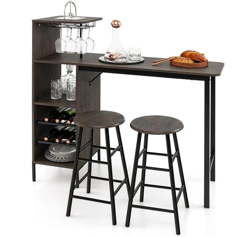 Set da Bar in Stile Industriale con Tavolo e 3 Sedie, Portabicchieri, Portabottiglie per 6 Bottiglie, Altezza Bancone per Cucina o Soggiorno