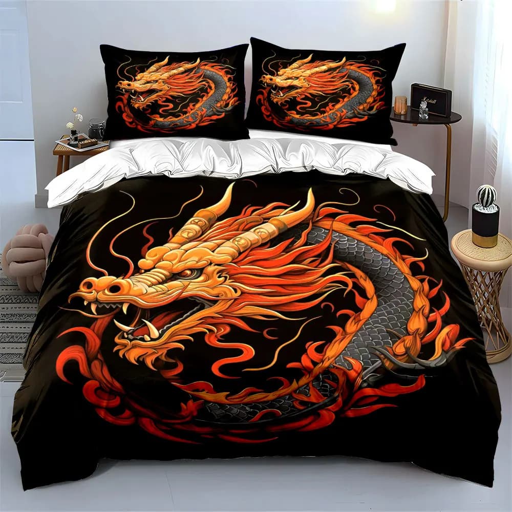 Set di biancheria da letto con drago cinese infuocato, 3 pezzi, copripiumino con stampa bestia mitica + 2 federe, decorazioni audaci