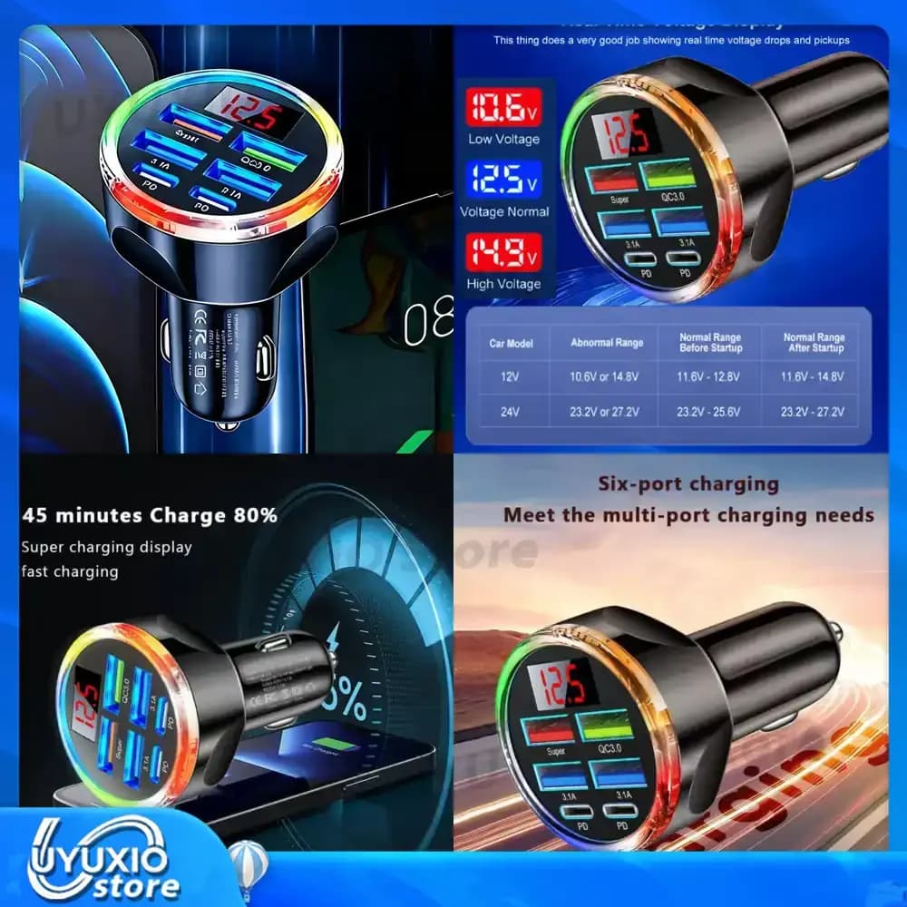 Caricabatterie per Auto 6 in 1 USB Tipo C Ricarica Super Veloce con Display LED della Tensione per iPhone Samsung Huawei Oneplus Vivo