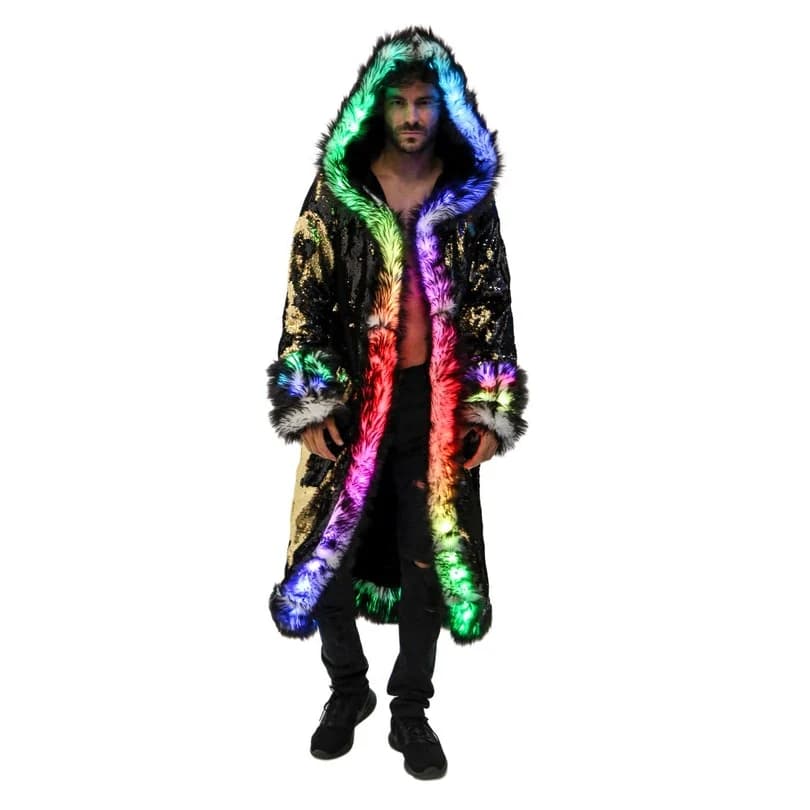New Dress LED Coat Fur Coat Long Coat with Hood Flash Clothing Burning Man Clothing Men Synthetic Fur Coat