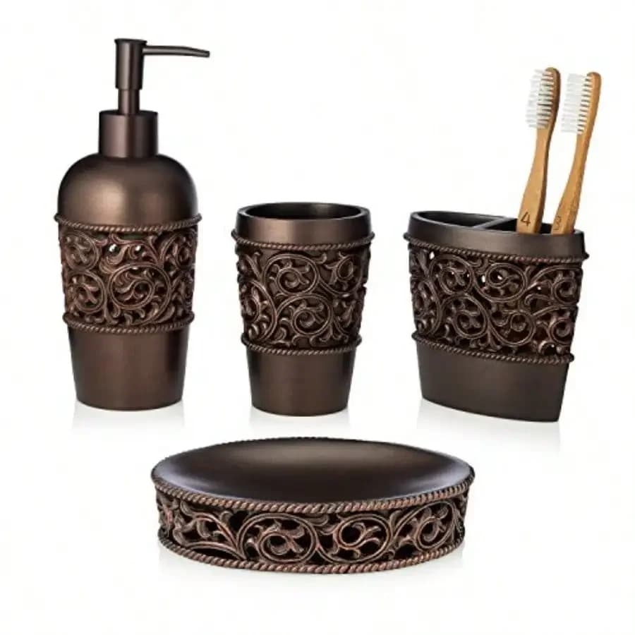 Set di accessori da bagno in bronzo a 4 pezzi per l'arredamento moderno della casa: il set completo include portaspazzolino, dispenser per lozione e bicchiere.