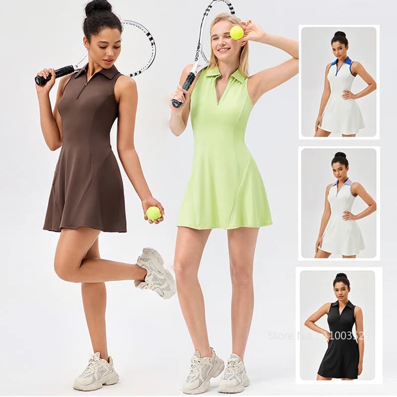 Abito da tennis da donna Polo Colletto con cerniera Gonne sottili Donna Scollo a V Traspirante Slim Badminton Abiti da golf Gonne ad asciugatura rapida S-XXL