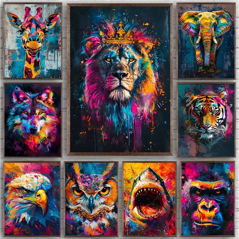 Animali astratti Leone Tigre Lupo Graffiti Arte Tela Pittura Animale colorato Wall Art Poster Stampe Immagini Living Room Decor