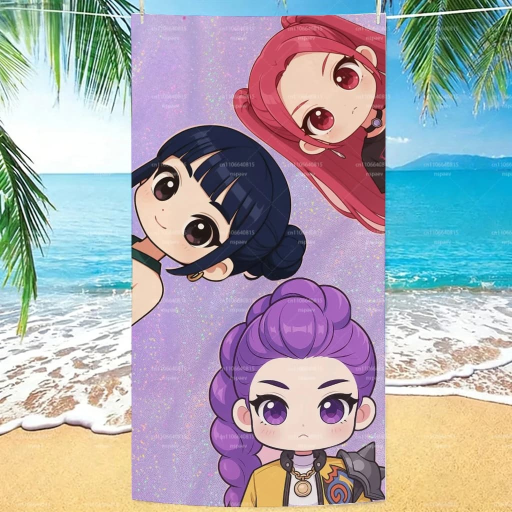 Asciugamano da spiaggia K-Pop Girl Group Chibi Anime, asciugamano da bagno ad asciugatura rapida con stampa viola glitterata, morbida coperta regalo in microfibra per fan