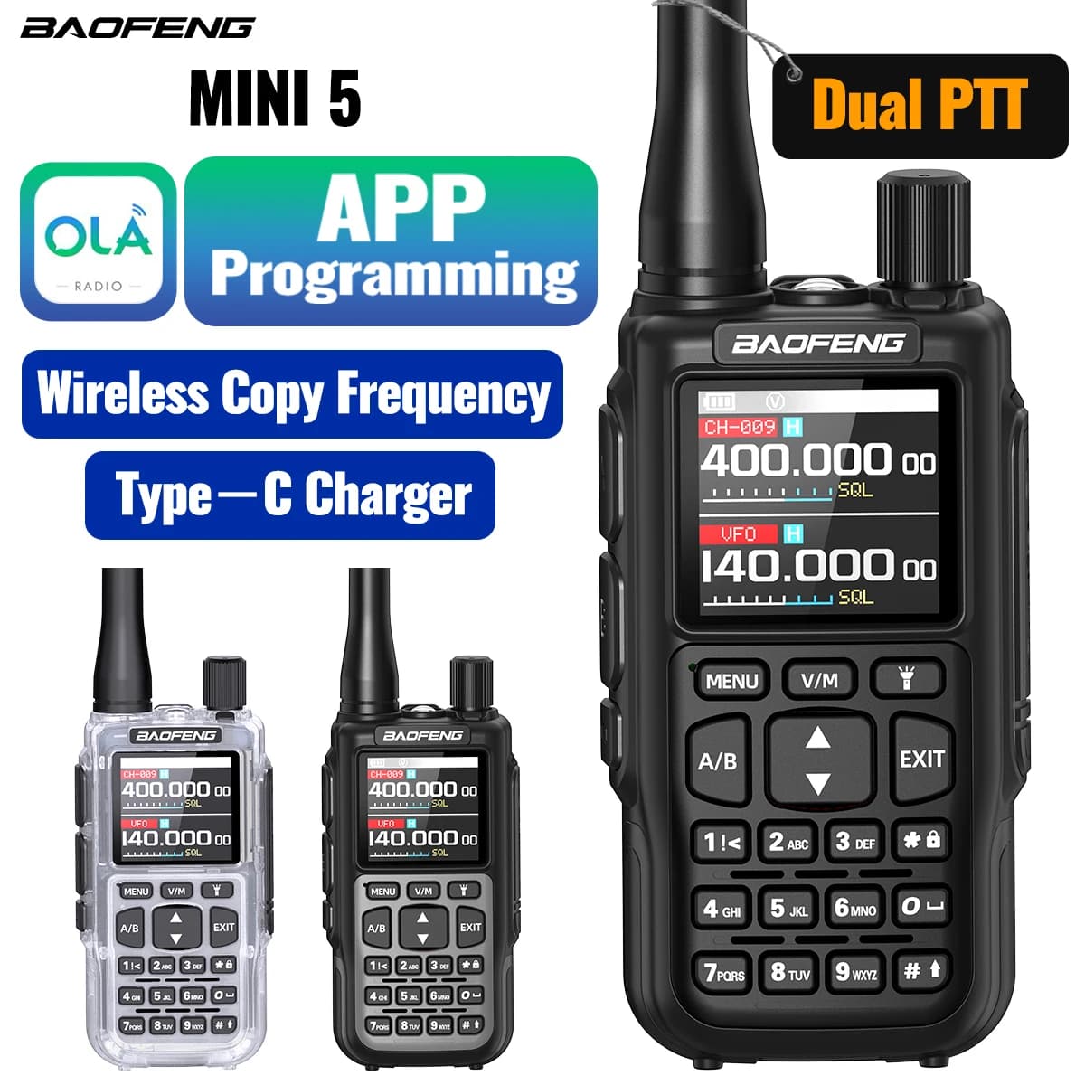 BAOFENG MINI 5 Walkie Talkie Multibanda con Programmazione Bluetooth, Doppio PTT, Batteria 2200mAh, Copia Frequenza, Nuovo Aggiornamento UV 5R Mini Radio Amatoriale