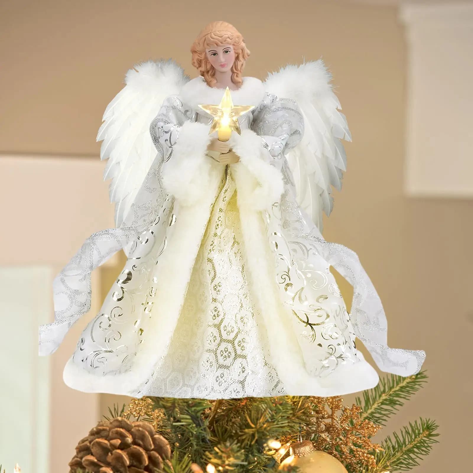 Decorazione dell'angelo dell'albero di Natale con stringa di luce Top dell'albero di Natale Ciondolo dell'angelo Topper dell'albero Ornamento luminoso a LED