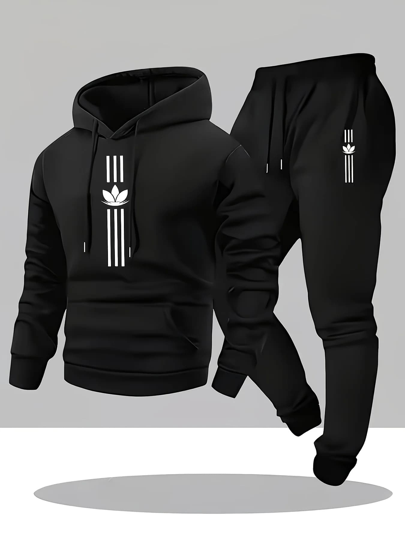 MenFloralVerticalStripe Graphic 2 Piece Tracksuit Pullover Hoodie Jogger Pants Casual Streetwear Autumn Winter Sports Sweat Suit