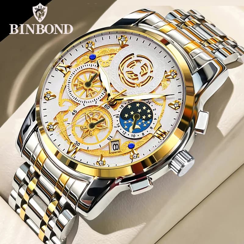 BINBOND B4010 Orologio da uomo al quarzo moda casual cinturino in acciaio inossidabile quadrante di lusso luminoso 30M orologio da polso da uomo d'affari impermeabile