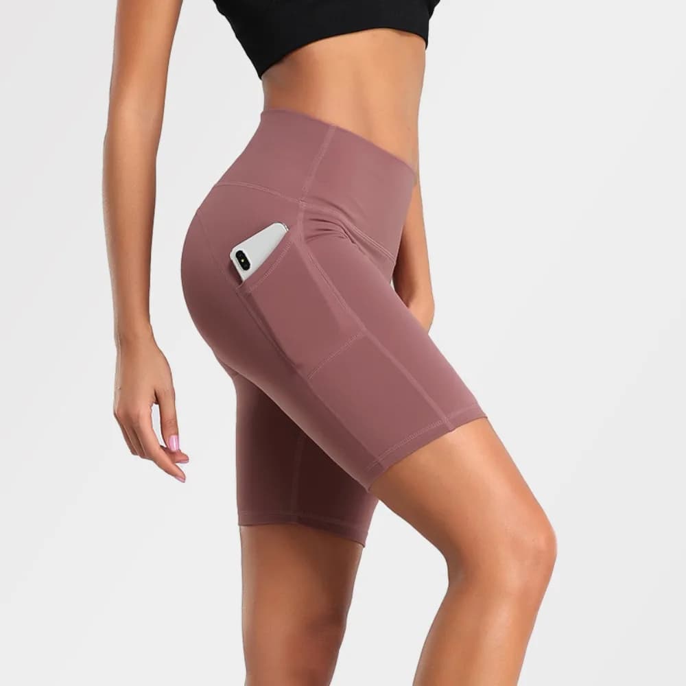 Pantaloncini da yoga da ciclismo per sollevamento fianchi a vita alta da fitness attillati con tasca sportiva europea e americana a cinque punti