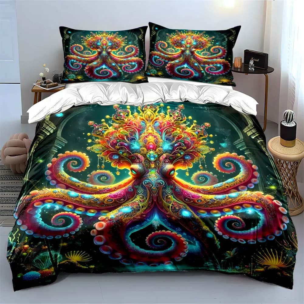Set decorativo con stampe di polpi, morbido e confortevole, set di biancheria da letto con copripiumino incluso 1 copripiumino e 2 federe, regalo