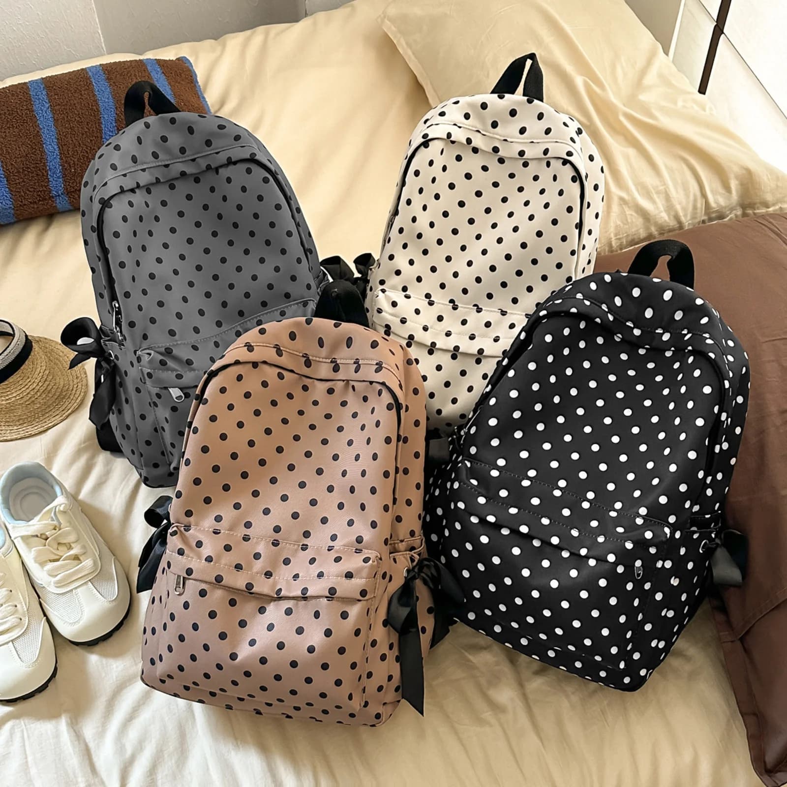 Cute Polka Dot Travel Daypack with Side Bows Aesthetic Backpack Bag for Girls Women Casual High- College