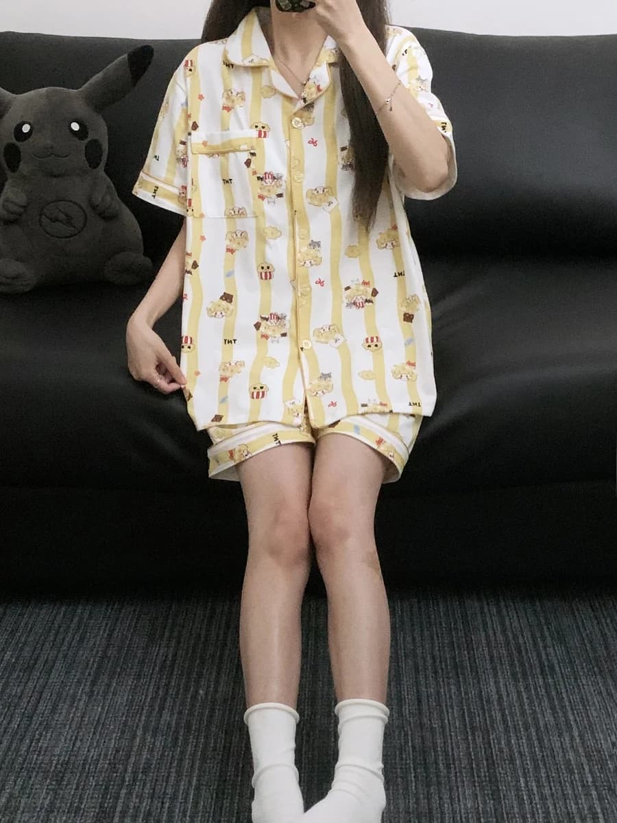 Set Pigiama in Puro Cotone per Donne, Nuovo Modello Estivo con Maniche Corte e Pantaloncini, Abbigliamento da Casa con Stampa Cartoon Carina, Comodo e Traspirante