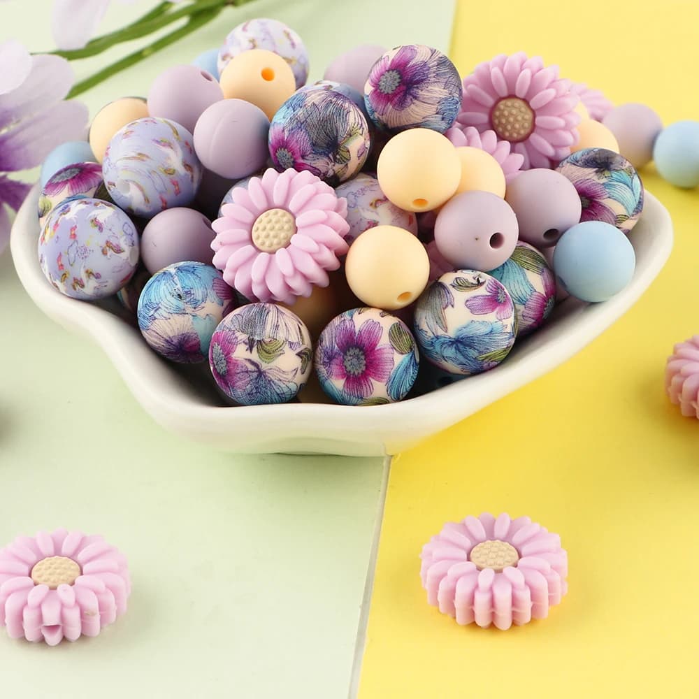 37 pz/lotto set misto di perline rotonde con stampa margherita in silicone per gioielli fai da te, bracciale, collana, portachiavi, ecc., accessori fatti a mano