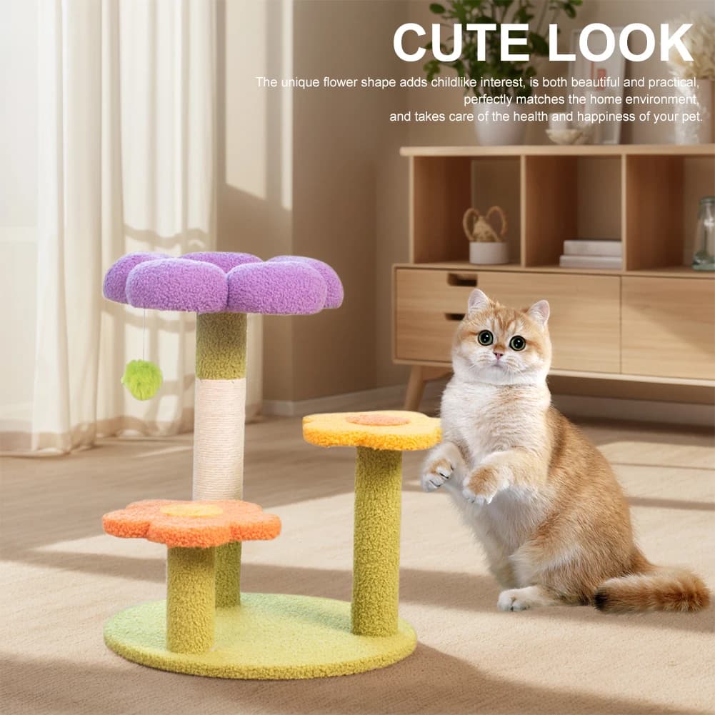 Flower Cat Tree Tower Cat Climbing Frame Sisal Wrapped Small Cat Tower Multi-Function Interactive Cat Tower 3 Layer for Kittens
