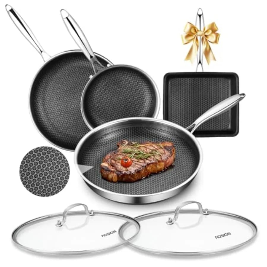 Set di Padelle Antiaderenti in Acciaio Inox Ibrido con Coperchio 8+10+9+12 Pollici, Senza PFAS/PFOA, Compatibili con Induzione, Set di Pentole Nero