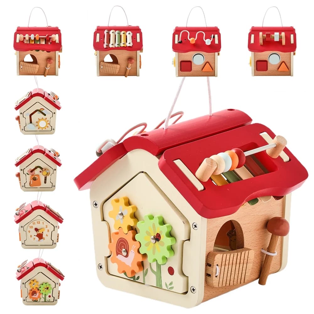 Montessori Giocattolo per bambini Giocattoli educativi in legno per bambini Giochi creativi Blocchi di legno per bambini per 0 12 mesi Scatola occupata per casa dei cartoni animati