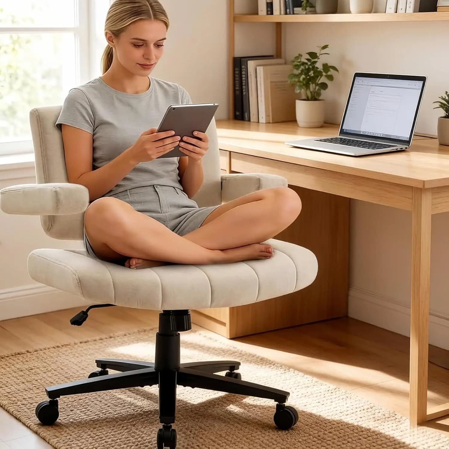 Poltrona da Ufficio Oversize in Peluche con Gambe Incrociabili, Braccioli Regolabili, Girevole, per Casa, Studio e Gaming, Personalizzabile