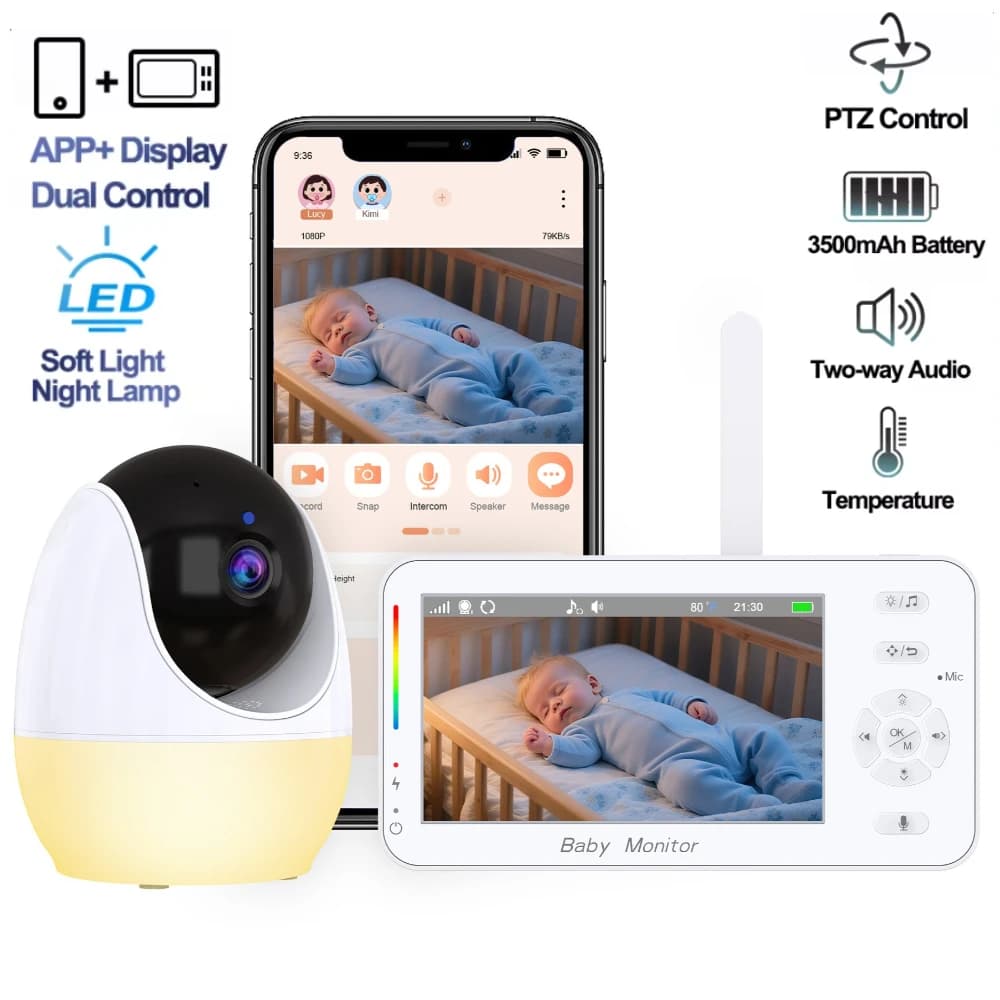 Baby monitor WiFi da 4,3 pollici APP e monitor wireless Doppio controllo Telecamera IP PTZ 1080P Luce notturna VOX Ninna nanna Temperatura Telecamera per bambini