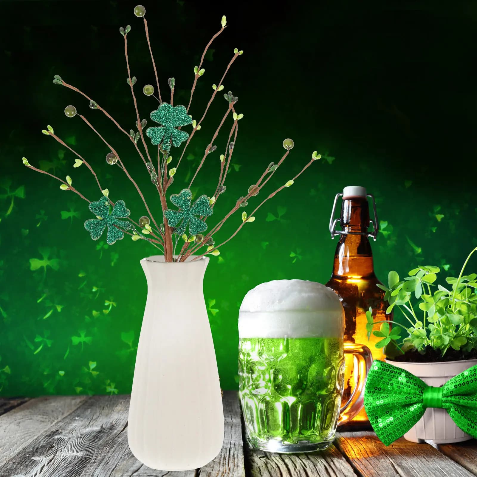 Artificial Greenery Stem Four Leaf Clover Simulation Clover Branch Fake Plants Decor for Wedding Centerpiece Photo Prop St.