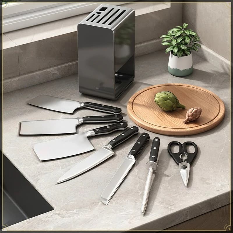 Countertop Style Knife Holder Carbon Steel Strong Load Bearing with Drain Tray Multifunctional Kitchen Utensil Storage Holder