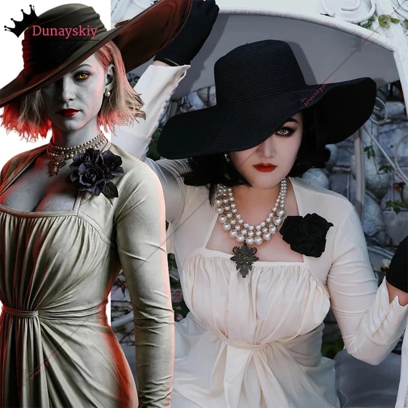 Abito da cosplay Lady Alcina Dimitrescu, costume elegante in raso a maniche lunghe, abito da sera, set completo, travestimento di Halloween, ornamento