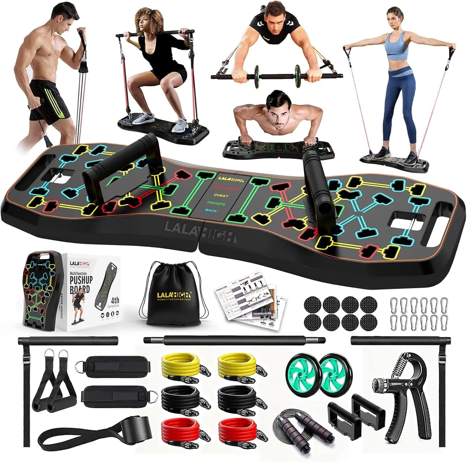 LALAHIGH Push Up Board,36 in 1 Home Gym Equipment with Ab Roller Wheel & Resistance Bands, Portable Foldable Workout Board for Full Body Strength Training Men Women,Gift for Boyfriend