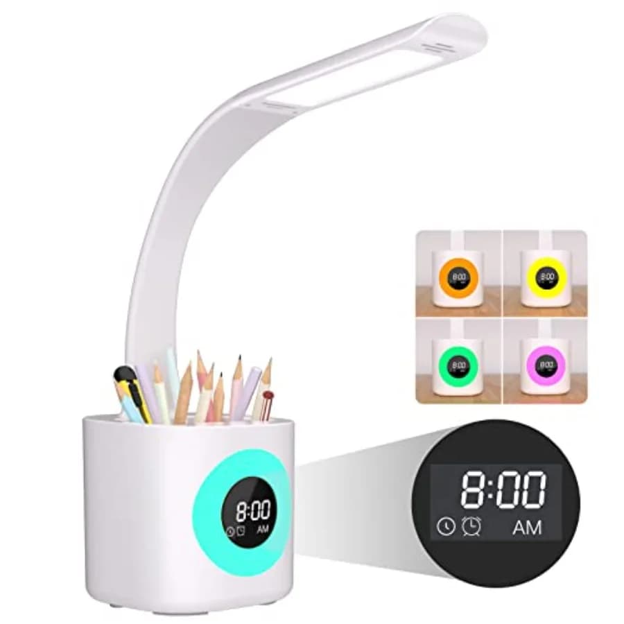 Lampada da Scrivania LED per Casa e Ufficio, Dimmerabile, USB, con Orologio e Portapenne, Regolabile, con Luce Colorata