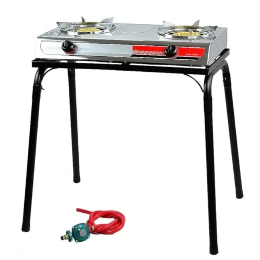 Fornello a Propano da Esterno a Doppio Bruciatore con Supporto e Gambe Staccabili per Campeggio, Picnic e Barbecue, 25516 BTU, Acciaio Inossidabile Argento