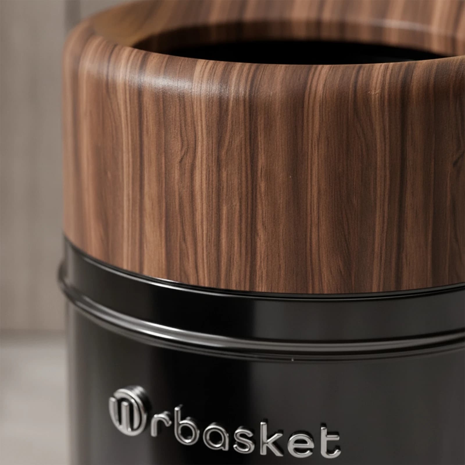 Cylindrical Trash Can Modern Trash Can with Woodgrain Top Wastebasket Minimalist Dustbin Stylish for Bathroom, Bedroom