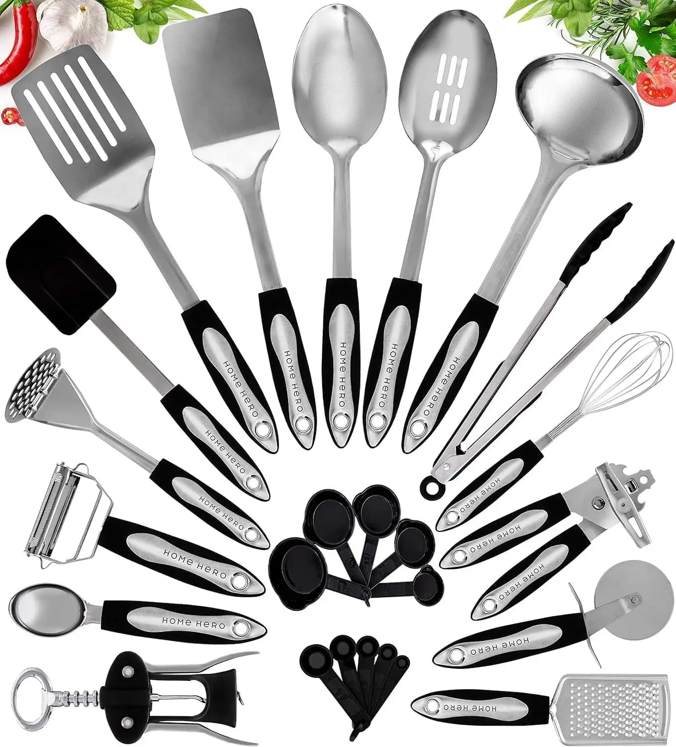 Set di 41 Utensili da Cucina in Acciaio Inossidabile con Silicone Resistente al Calore, Strumenti Antiaderenti e Tazze Dosatrici