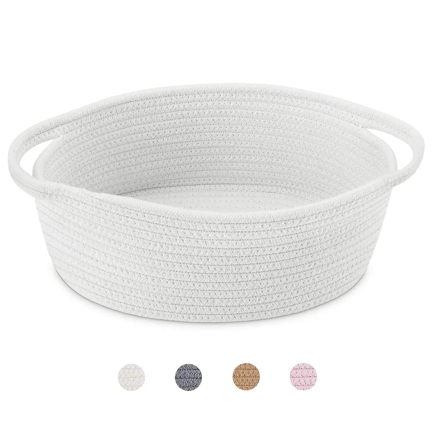 Cesto Boho in Corda Intrecciata con Manici, Organizzatore per Giocattoli, Cani e Gatti, Scaffale, 12x8x5 pollici, Bianco