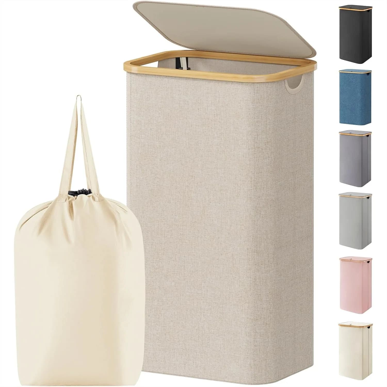Laundry Basket with Lid, 100L Large Clothes Hamper with Bamboo Handles and Removable Bag, Foldable for Bedroom Bathroom