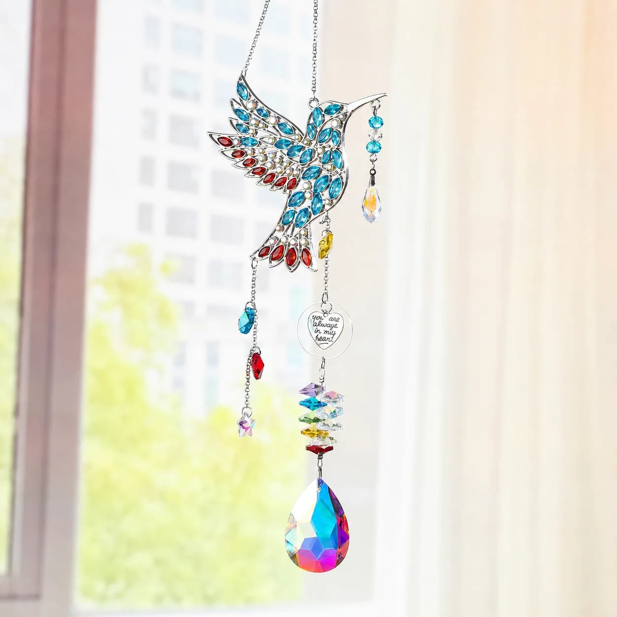 Rhinestone Inlaid Hummingbird Crystal Sun Catcher Wind Chime Rainbow Maker Hanging Ornament for Garden Patio Home Memorial Decor