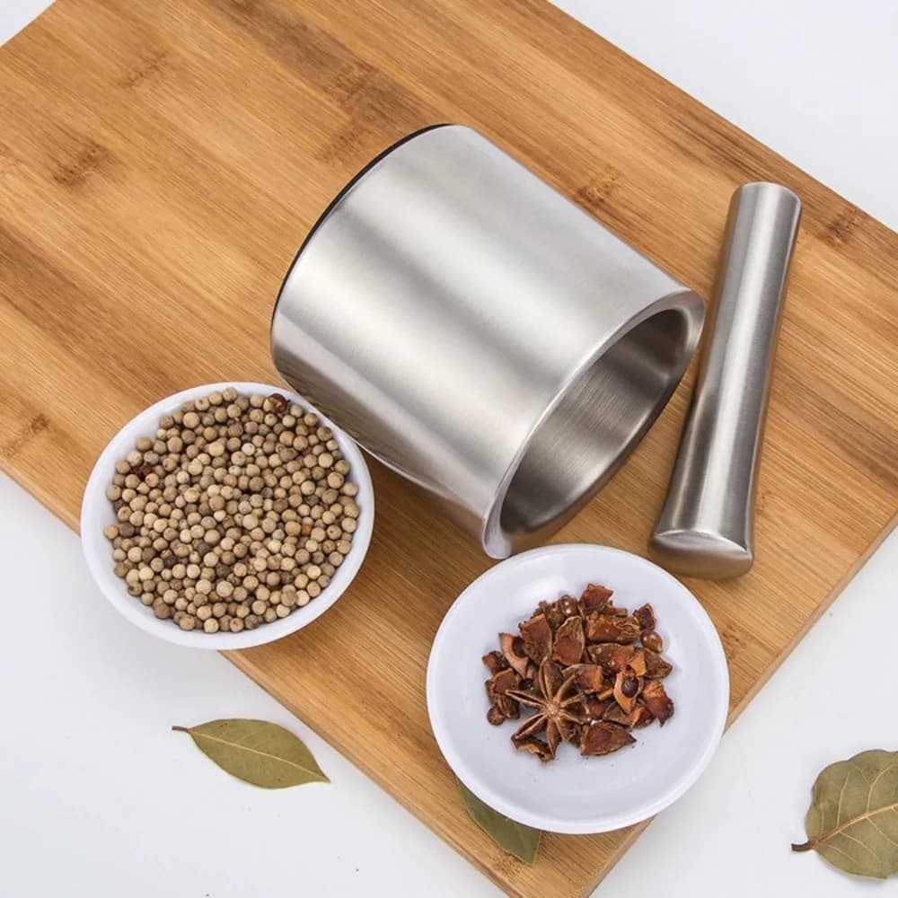Set Mortaio e Pestello in Acciaio Inox 304 con Coperchio Antispruzzo, Contenitore per Schiacciare l'Aglio, Macinino per Spezie Antiruggine per Uso Domestico, Spremiagrumi