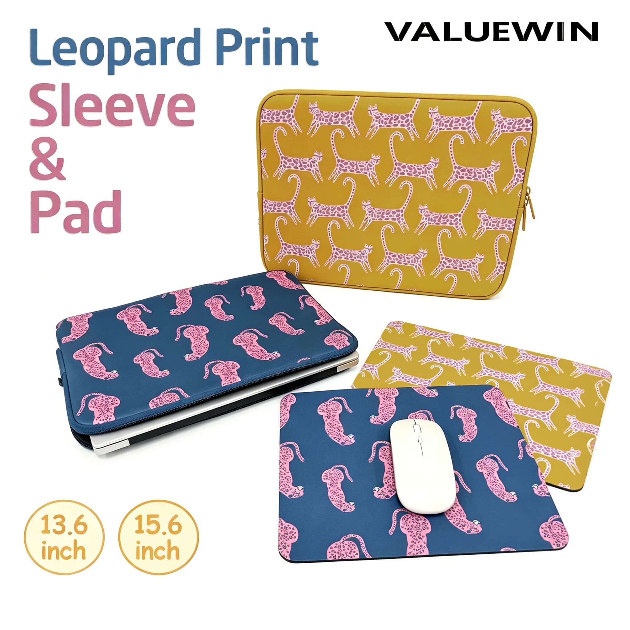 Leopard Pattern Laptop Sleeve 13 13.6 15.6 Inch For MacBook Air Surface Lenovo With Mouse Pad Set , Lightweight Soft Padded Bag