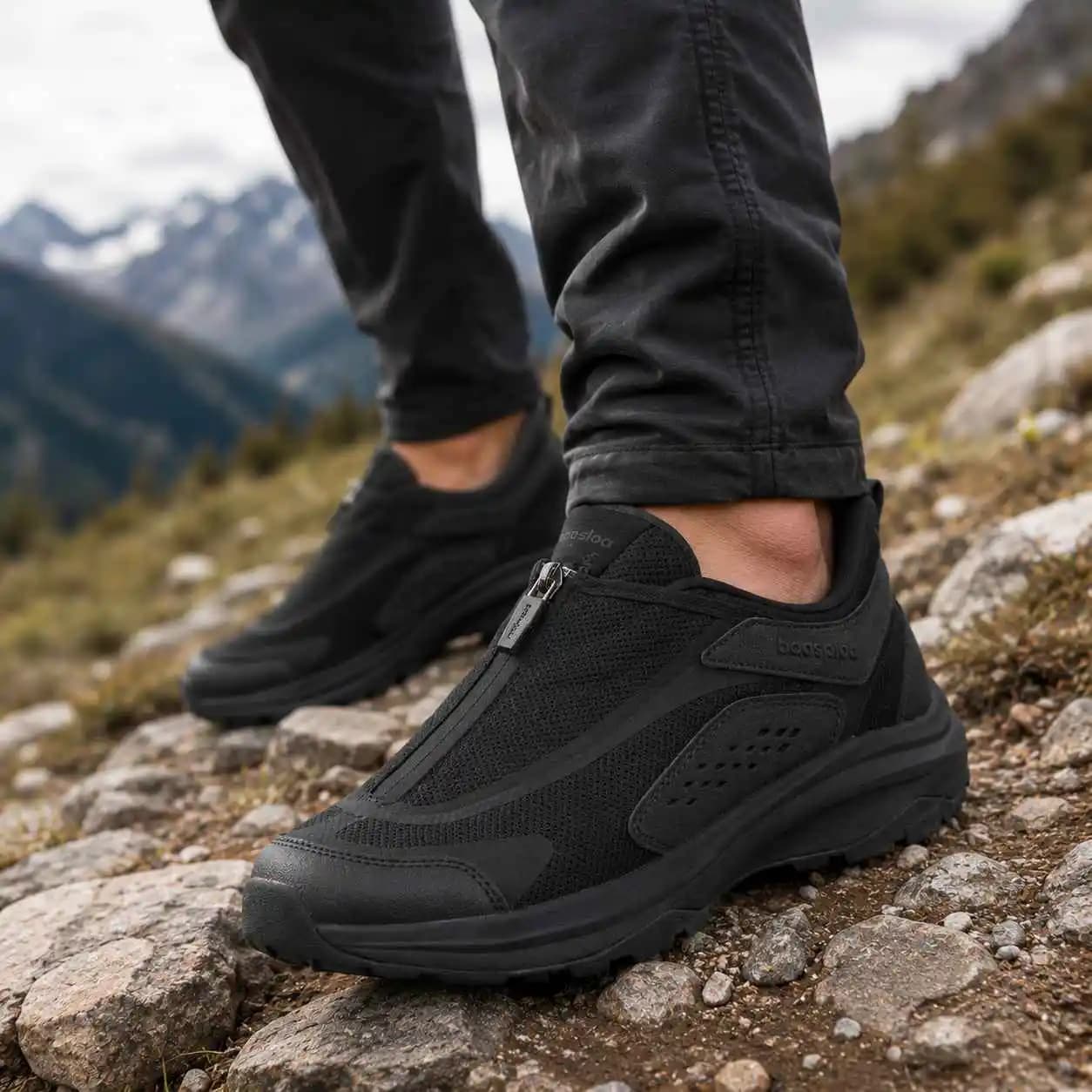 Baasploa Men's Trail Adventure Trainers Side Zip Outdoor Footwear Breathable Travel Sneakers Lightweight Walking Shoes